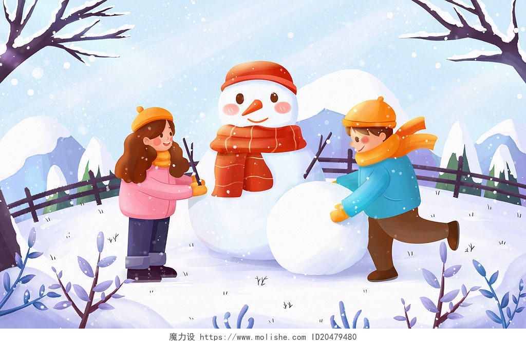 卡通手绘小雪大雪24节气冬天雪景男孩女孩堆雪人插画卡通小雪大雪插画
